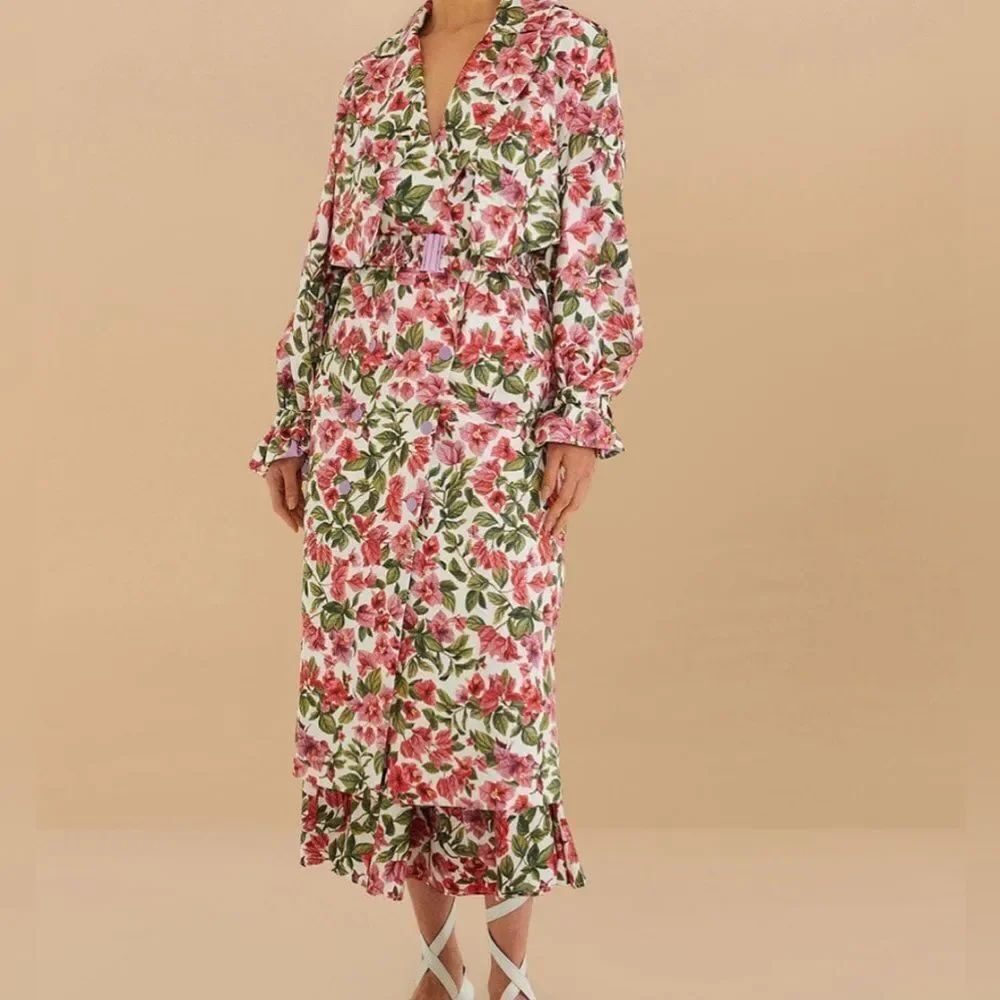 Farm Rio Halftone Pink Bouganvillea Oversized Floral Trench Coat NWT Size L